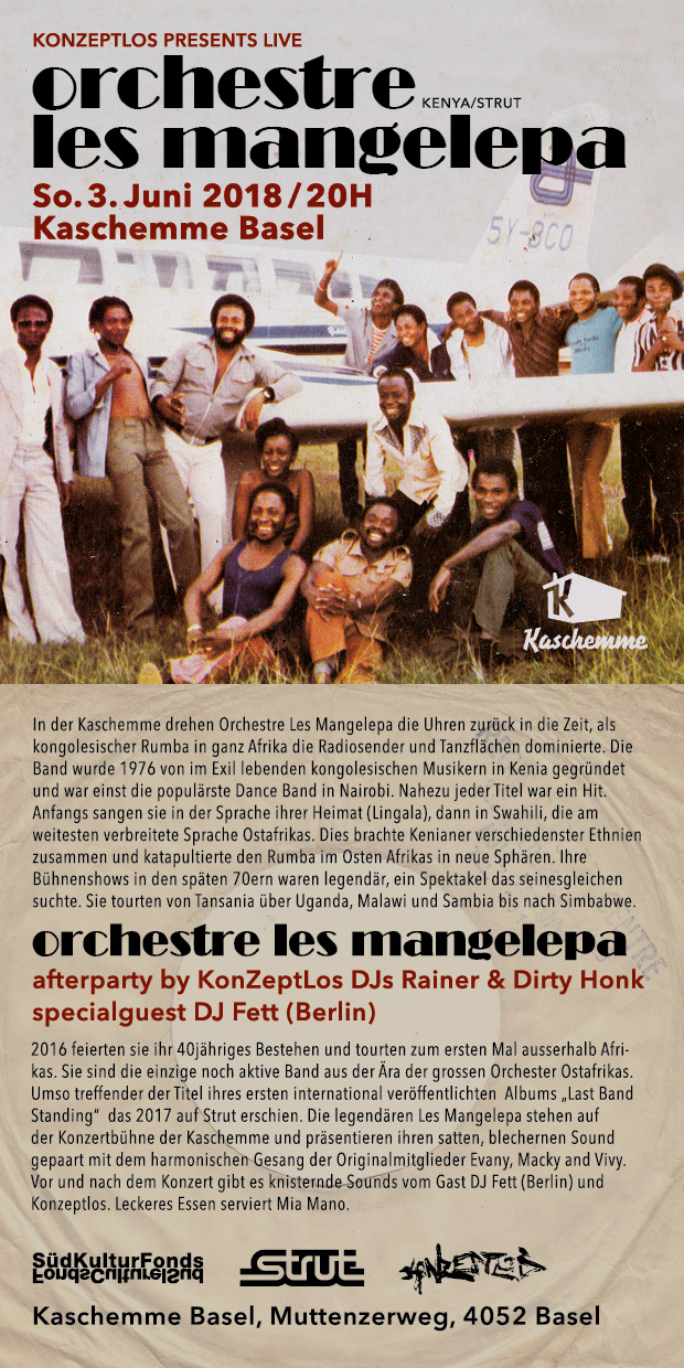 Orchestre Les Mangelepa Rumba Kenya Strut Basel Kaschemme Rainer Dirty Honk DJ Fett Konzeptlos Afrobeat Benga